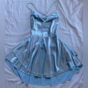 Light blue, silk, open back homecoming dress